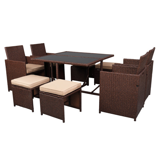 Luxury Garden Party 9 Pieces Wood Grain PE Wicker Rattan Dining Ottoman with Tempered Glass Table Patio Furniture Set