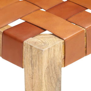 vidaXL Stool Light Brown Real Leather and Solid Mango Wood