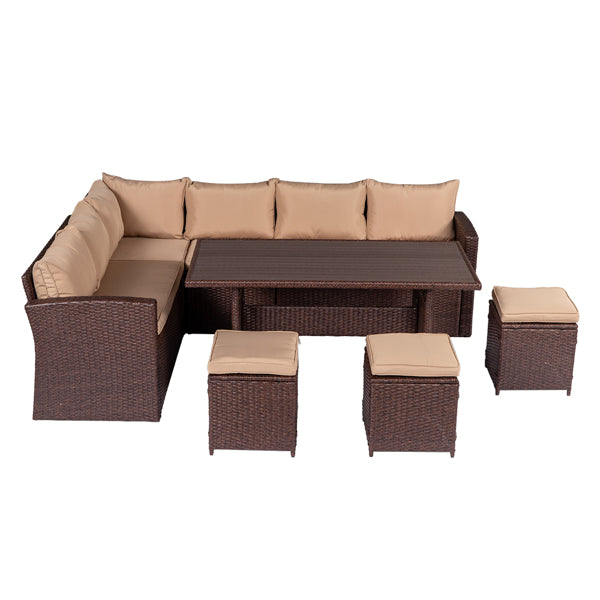 Luxury Garden Party Eight-Piece Set Outdoor Rattan Dining Table And Chair Brown Wood Grain Rattan Khaki Cushion Plastic Wood Surface (4 Boxes In Total)