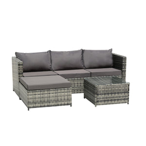 Madranges Three Piece Grey Rattan Sofa Set, Ottoman & Coffee Table with Dark Grey Cushions