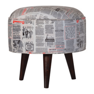 Round Footstool with News Print Velvet