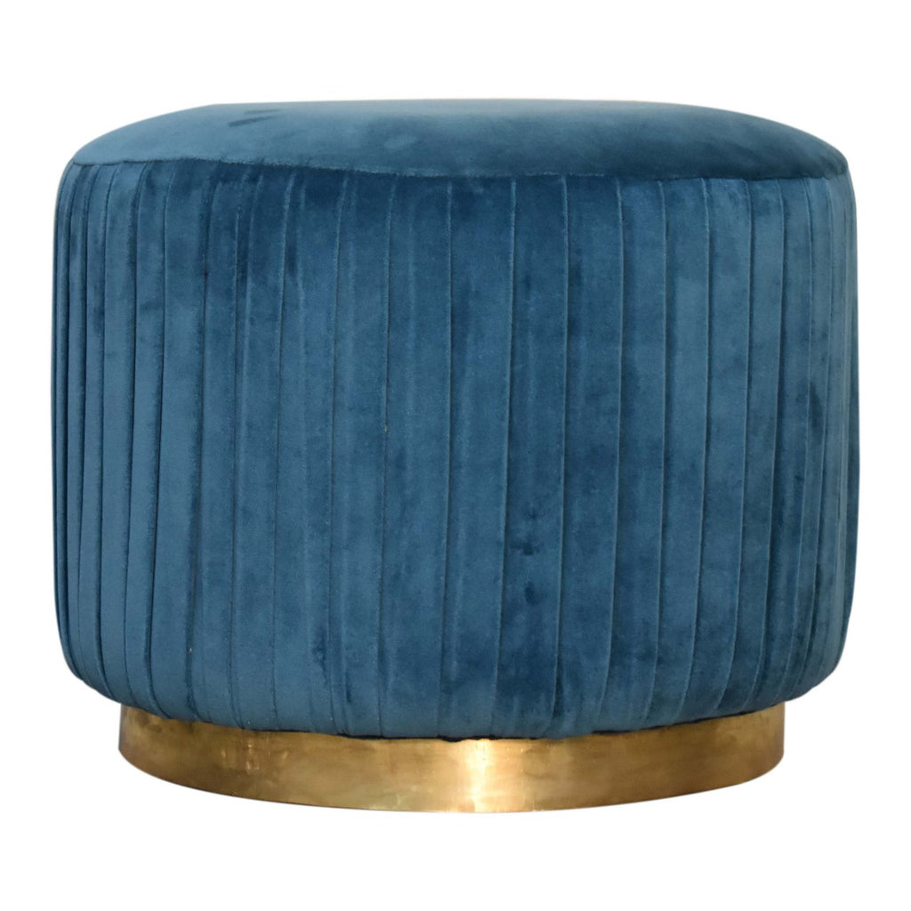 Teal Cotton Velvet Pleated Footstool with Gold Base