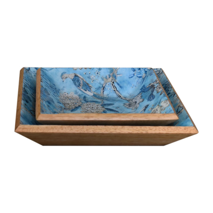 Lacquered Green Bird Square Platter Set of 2