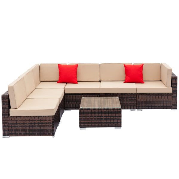 Fully Equipped Weaving Rattan Sofa Set with 2pcs Corner Sofas & 4pcs Single Sofas & 1 pcs Coffee Table Brown Gradient