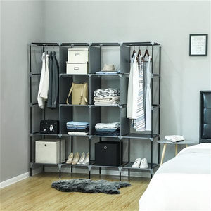 67" Clothes Closet Portable Wardrobe Clothes Storage Rack 12 Shelves 4 Side Pockets Gray