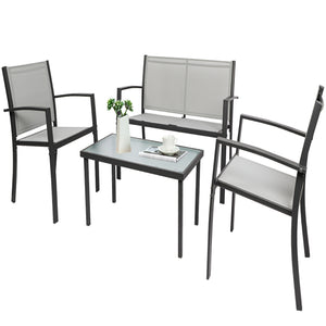 Grey Garden Furniture Set, 4 Piece Patio Furniture Glass Coffee Table 2 Textilene Armchairs 1 Double Seat Sofa Conversation Set