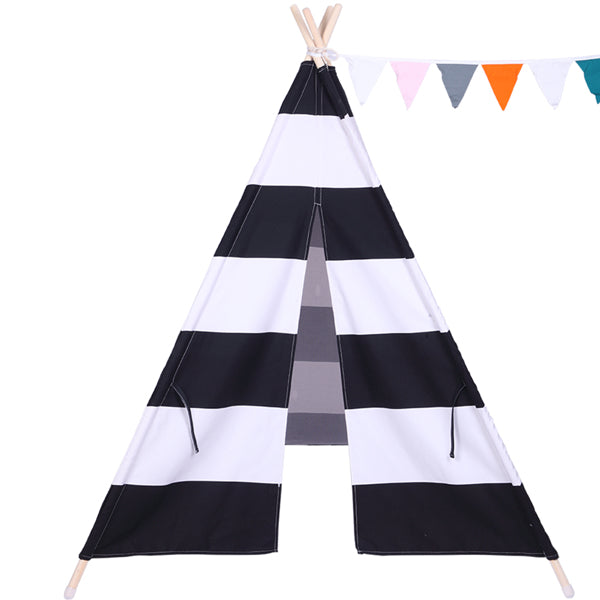 Luxury Garden Party Indian Tent Children Teepee Tent Baby Indoor Dollhouse with Small Coloured Flags roller shade and pocket Black and White Stripes