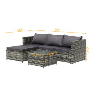 Madranges Three Piece Grey Rattan Sofa Set, Ottoman & Coffee Table with Dark Grey Cushions