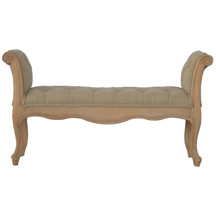 French Hand Carved Mud Linen Bedroom Bench